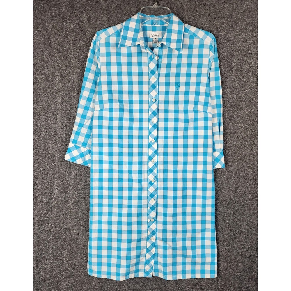 Lilly Pulitzer Shirt Dress Womens 8 Blue White Gingham Check Palm Tree Logo EUC